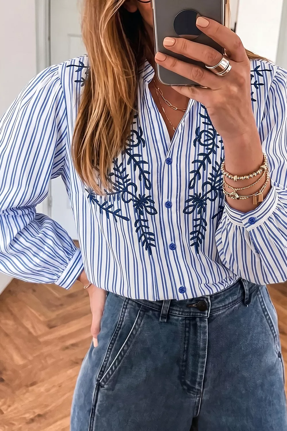 Stripe Embroidered Detail Button Front Long Sleeve Shirt, image 2