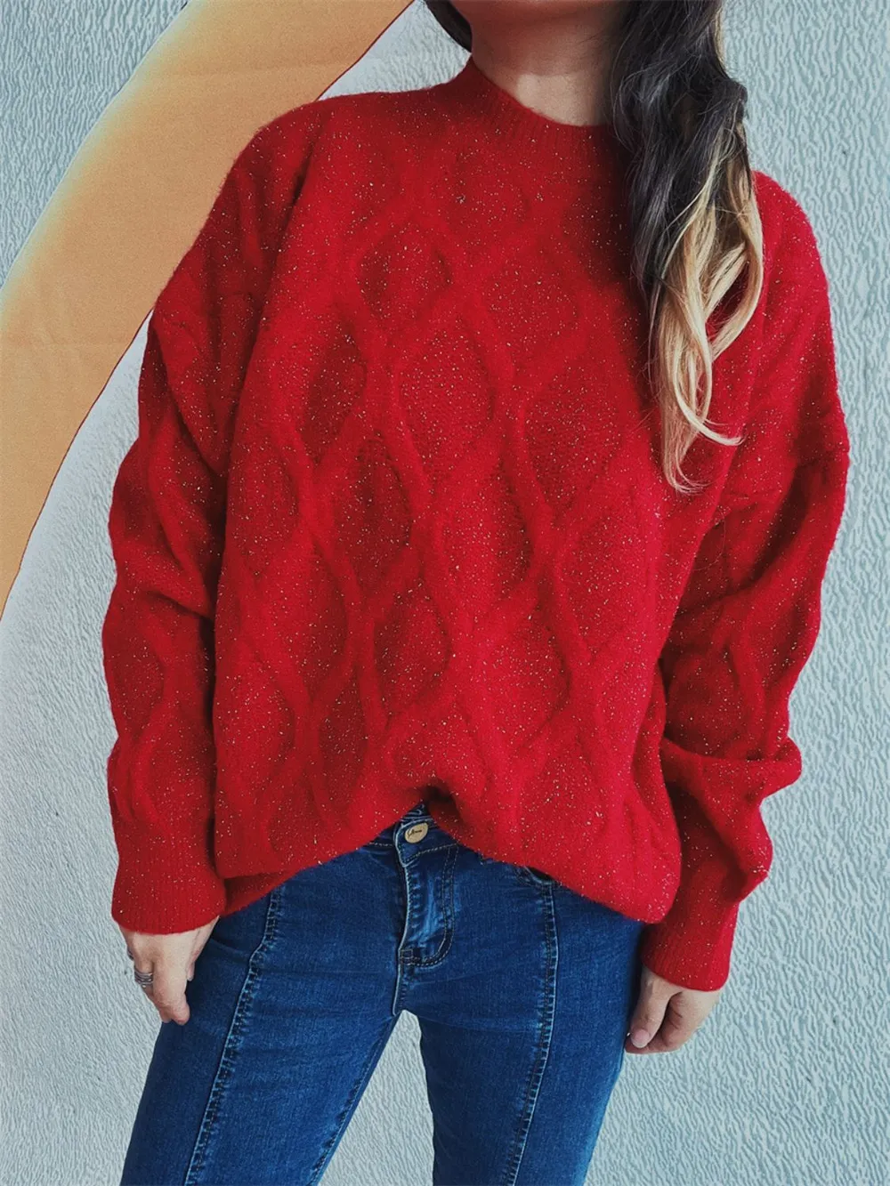 Diamond Round Neck Long Sleeve Sweater, image 24