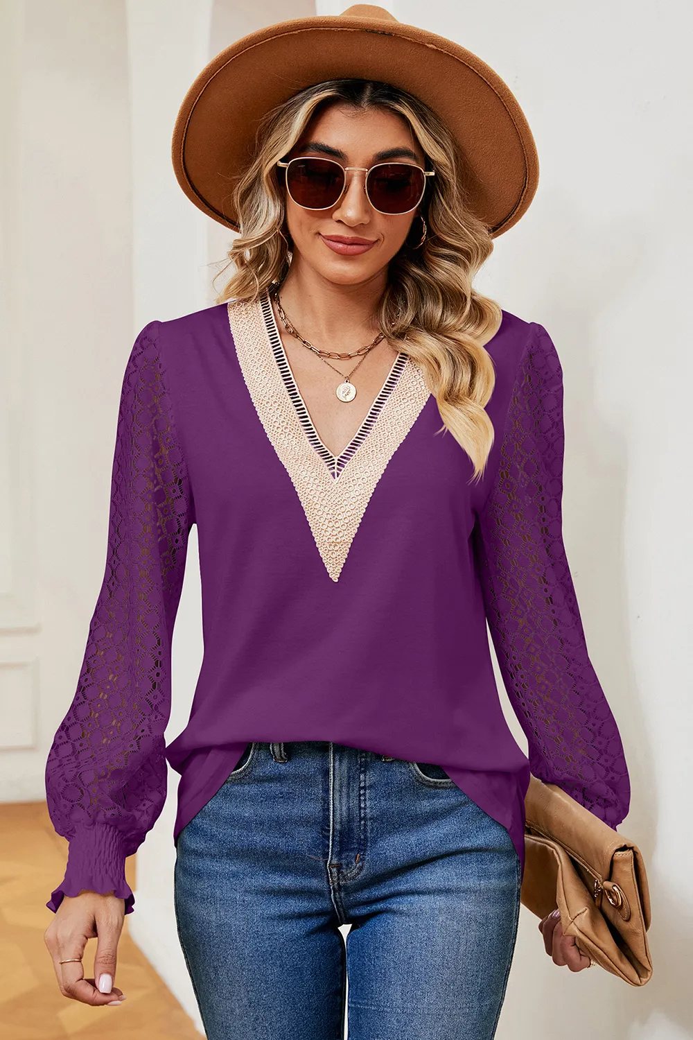 Openwork V-Neck Long Sleeve T-Shirt, image 17