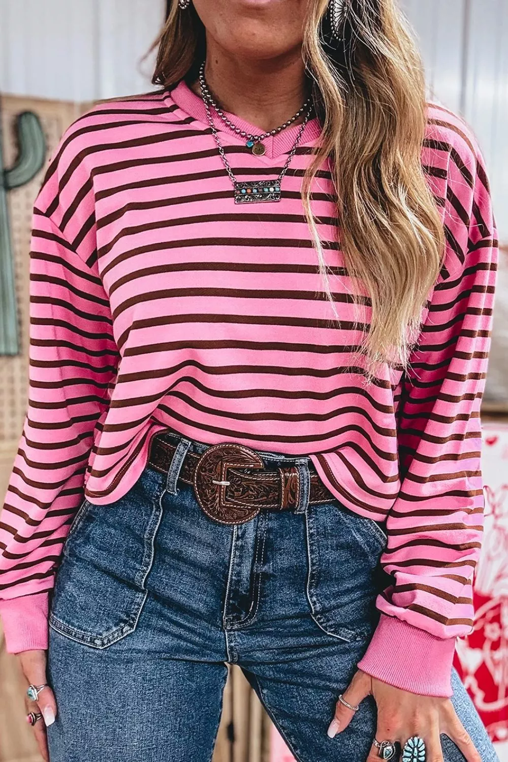 Stripe V Neck Drop Shoulder Long Sleeve Top, image 5