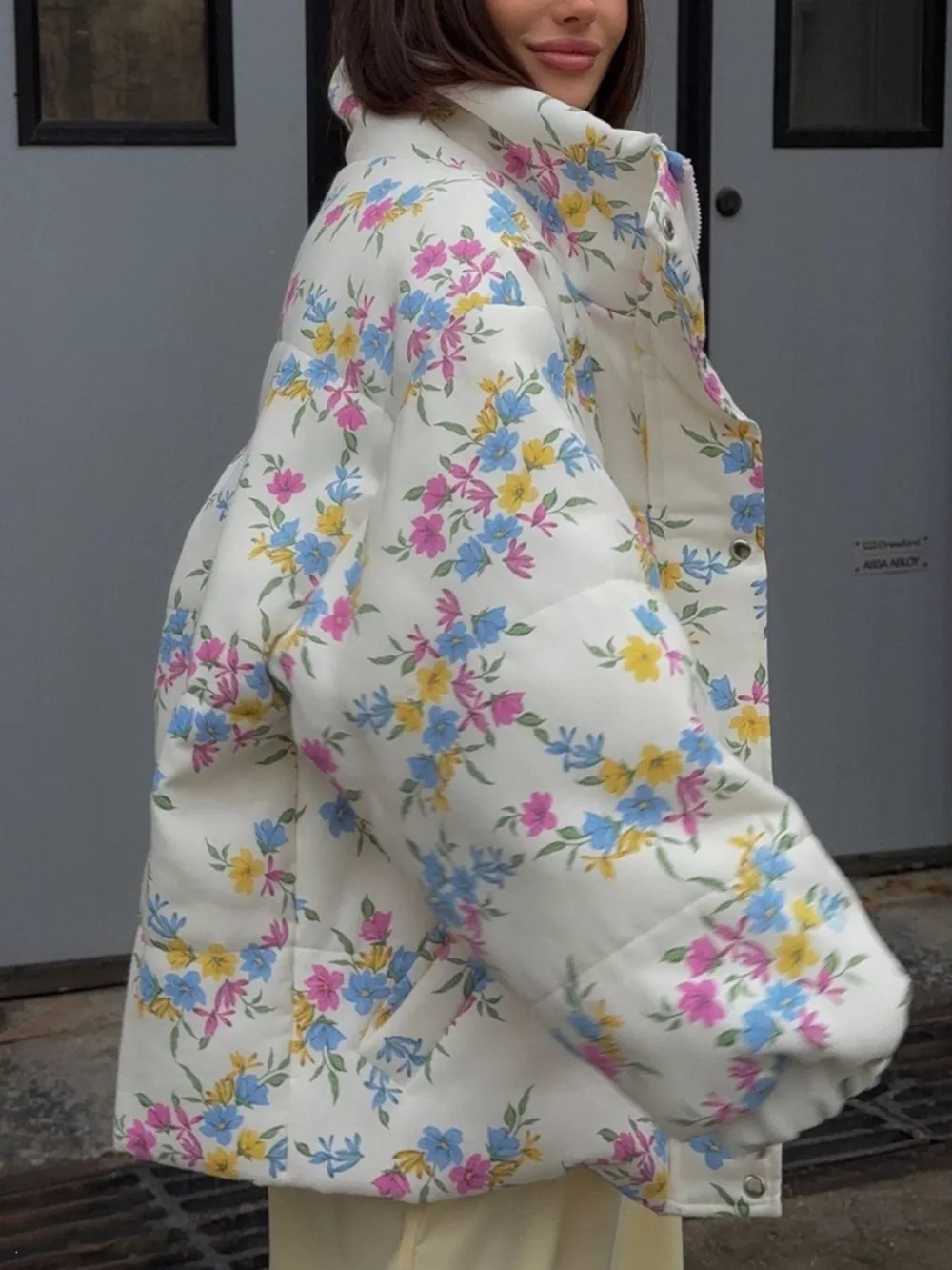 Floral Print Stand Collar Puffer Jacket, image 4
