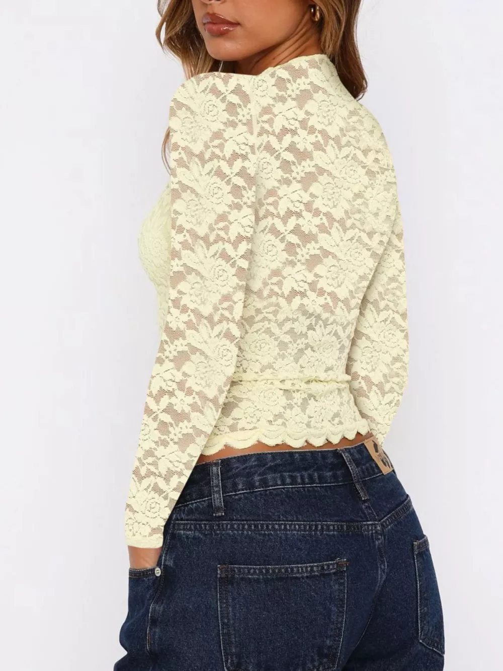 Sheer Lace Long Sleeve V-Neck Top, image 8