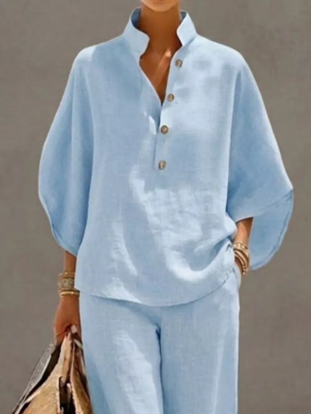 Full Size Button Detail 3/4 Sleeve Top and Pants Set Plus Size, image 4