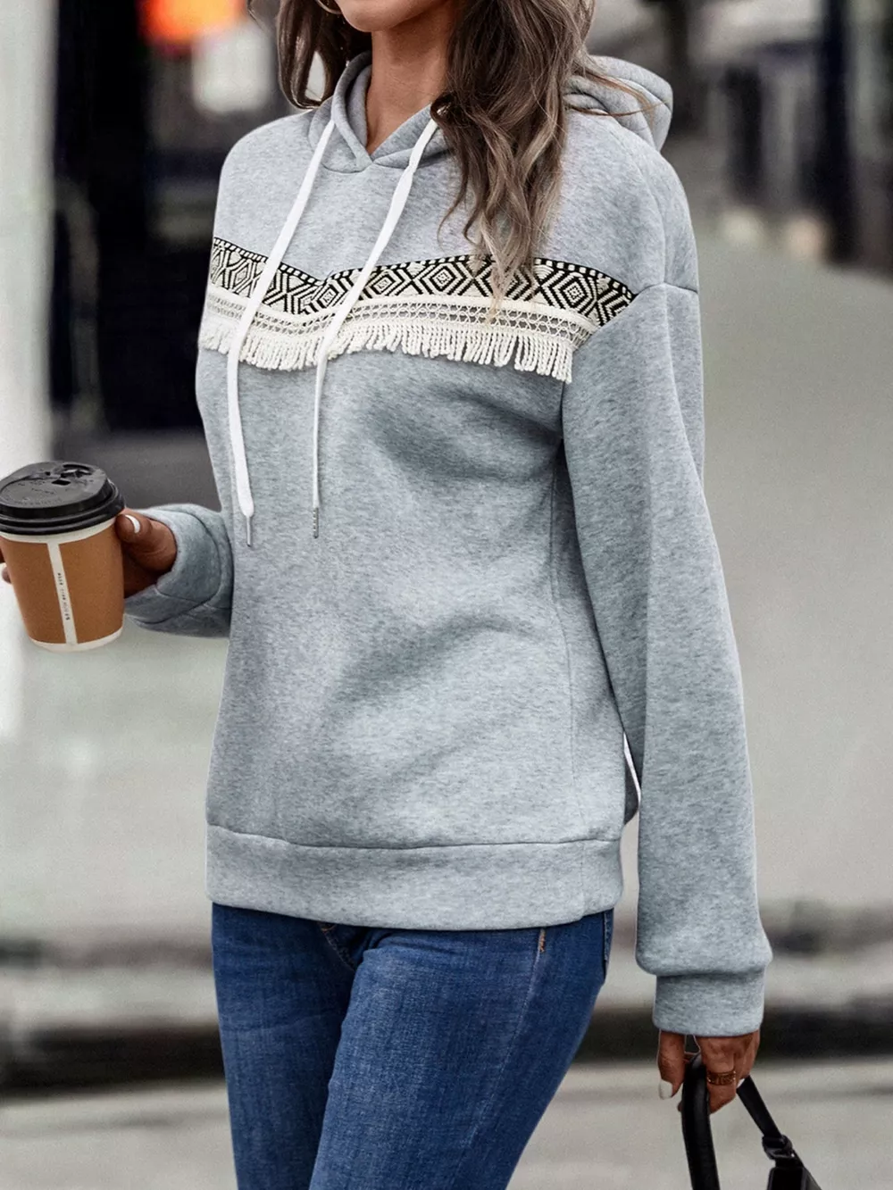 Fringe Detail Long Sleeve Drawstring Hoodie, image 11
