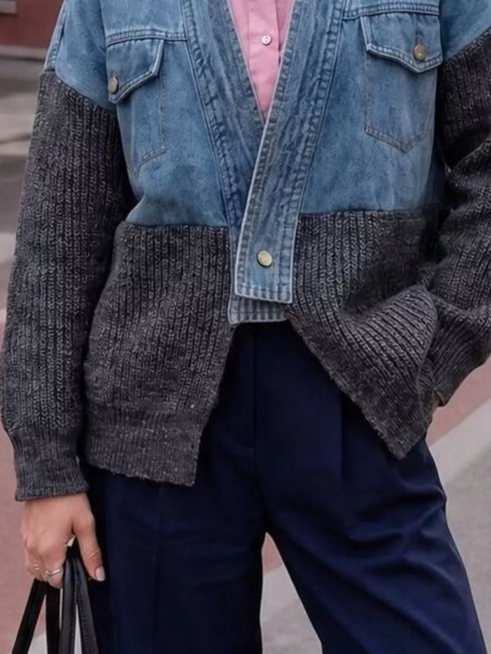 Contrast Denim and Knit Patchwork Cardigan, image 4