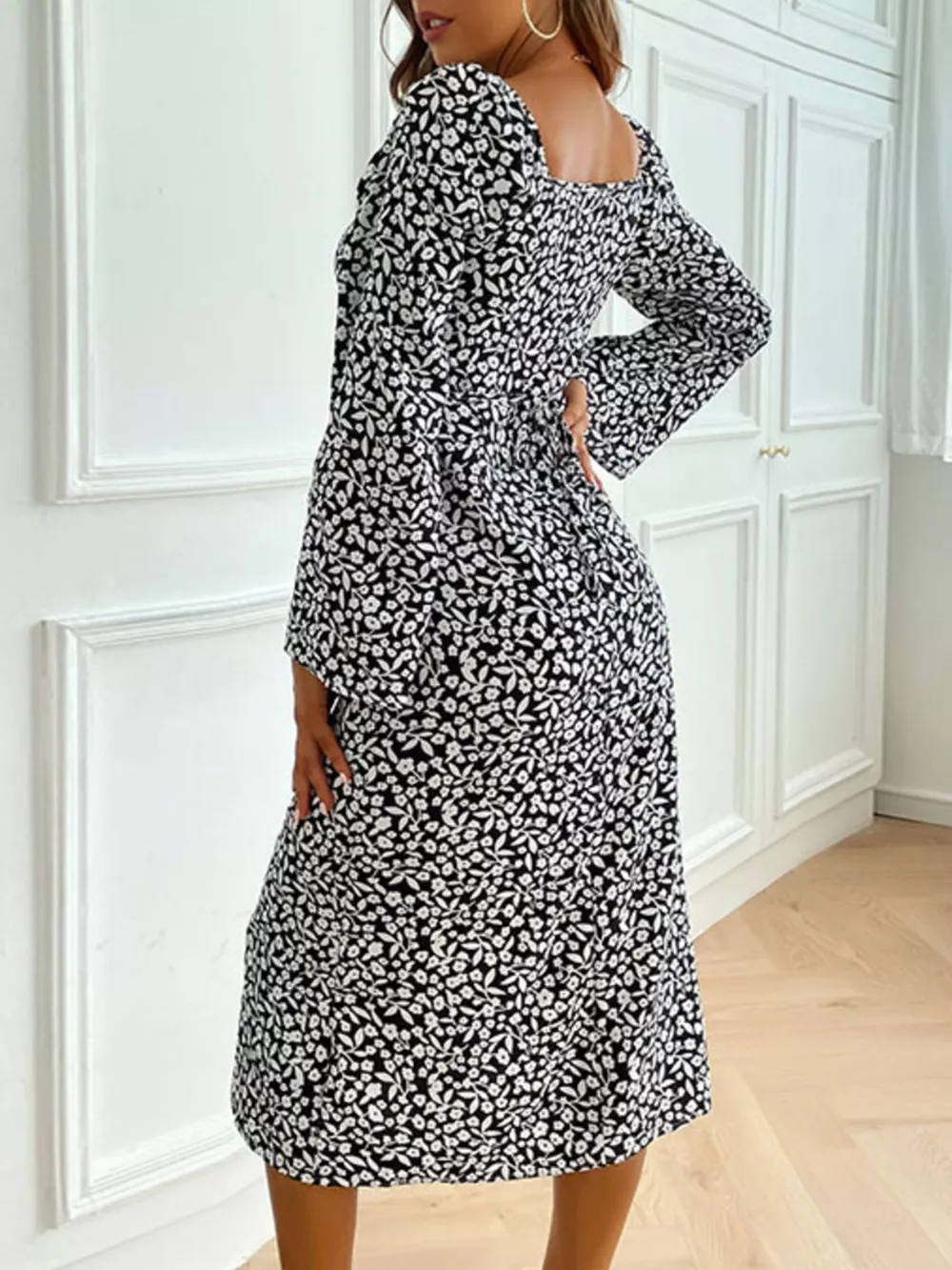 Printed Tie Flare Sleeve Midi Dress, image 4