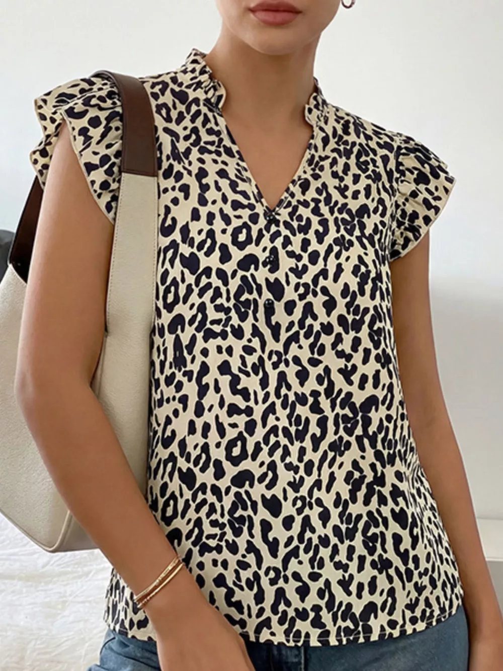Leopard Print Ruffle Sleeve Blouse, image 2