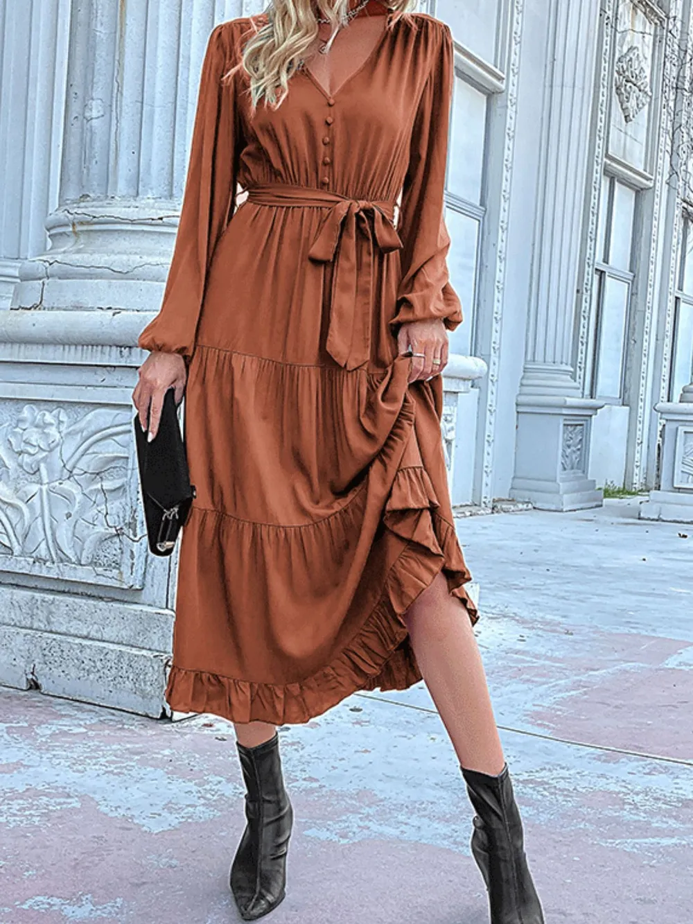 Ruffled Hem V-Neck Balloon Sleeve Dress, image 22