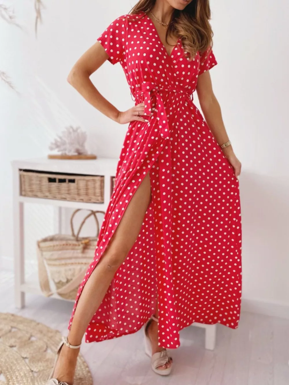 Polka Dot Surplice Maxi Dress with Slit, image 7