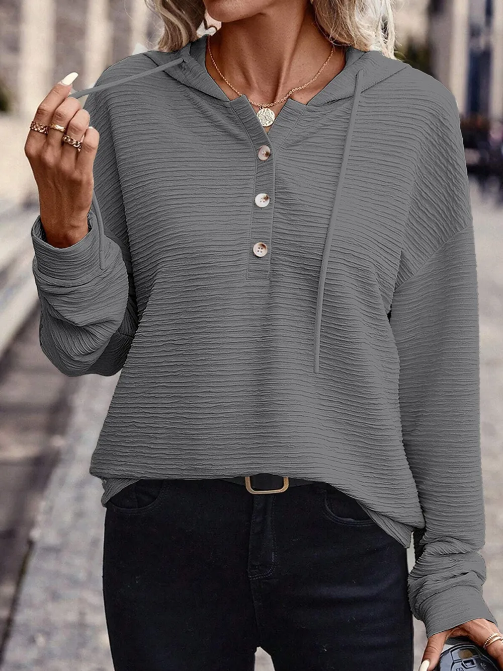 Drawstring Quarter Button Long Sleeve Hoodie, image 7