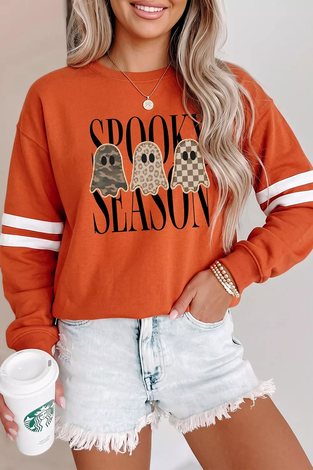 Spooky Season Ghost Graphic Varsity Striped Sleeve Halloween Pullover Sweatshirt, image 4