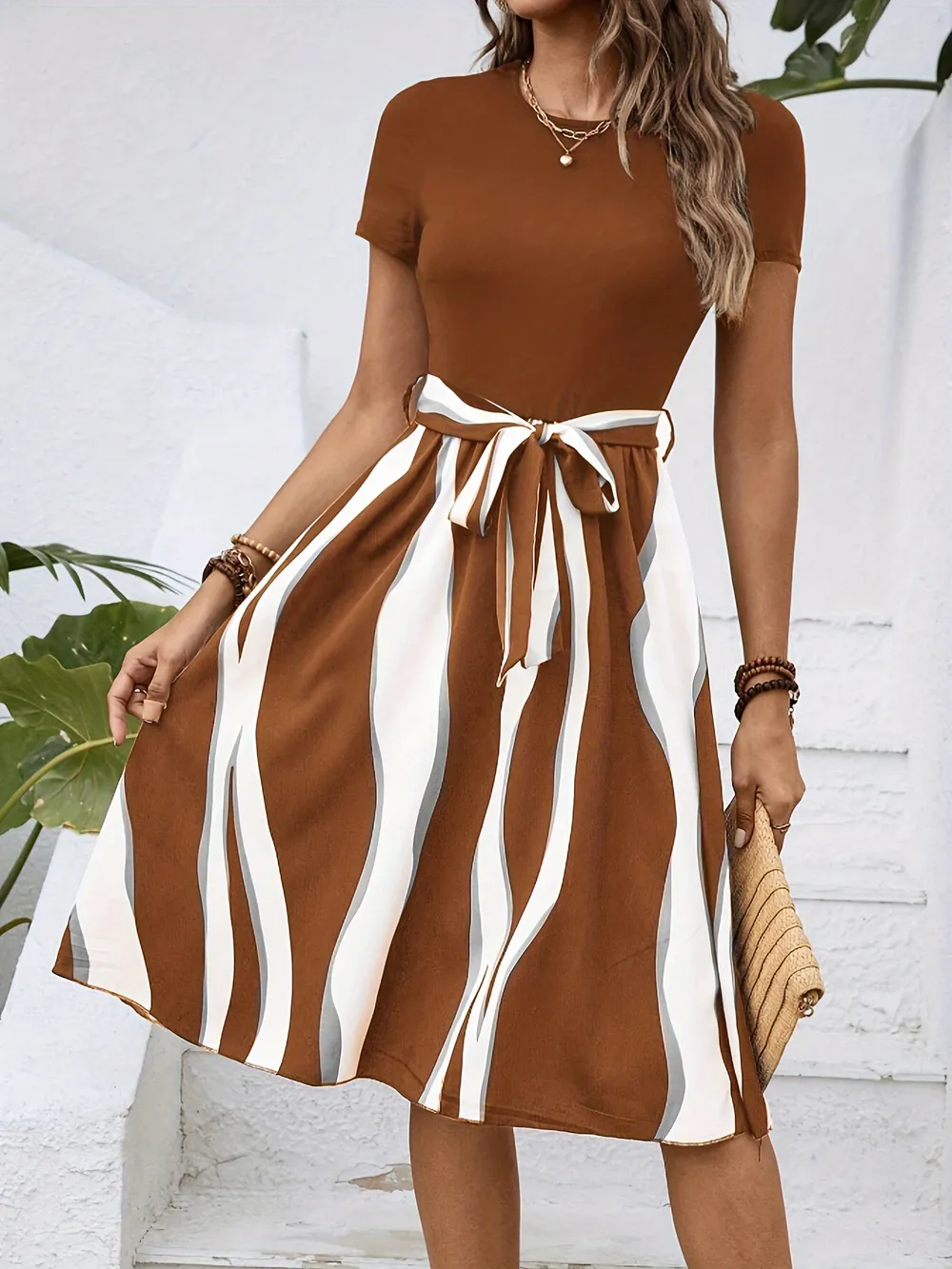 Striped Short Sleeve Tie Waist Dress, image 18