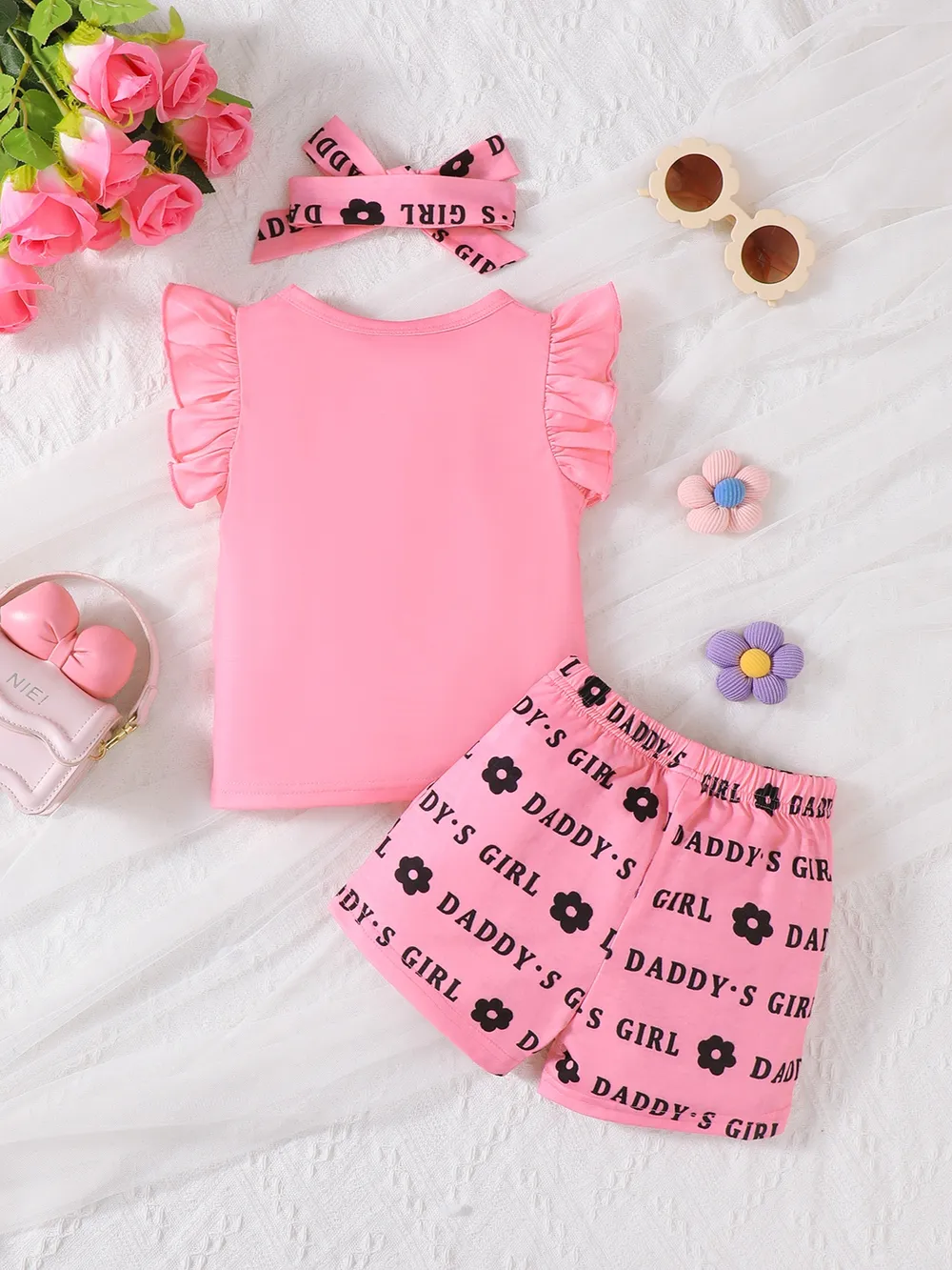 Children's Headband Letter Ruffle Sleeve Top and Shorts 3-Piece Set, image 2
