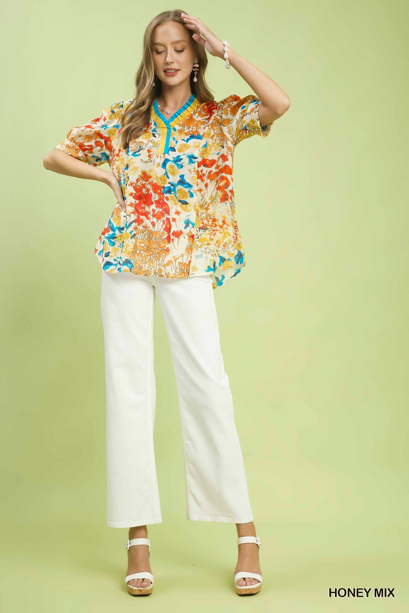Floral Contrast Pleat Neck Top, image 4