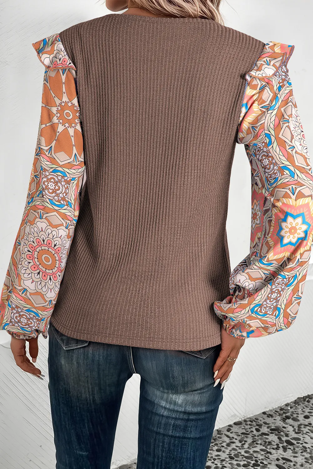 Ruffled Printed Round Neck Long Sleeve Top, image 6