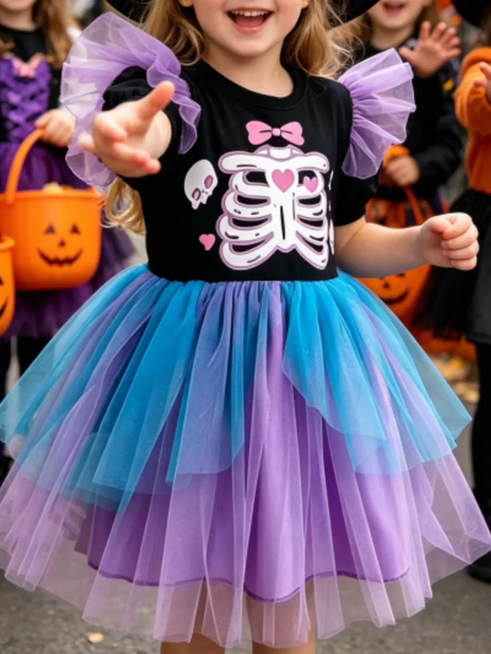 Children's Halloween Skeleton Graphic Tulle Tutu Dress