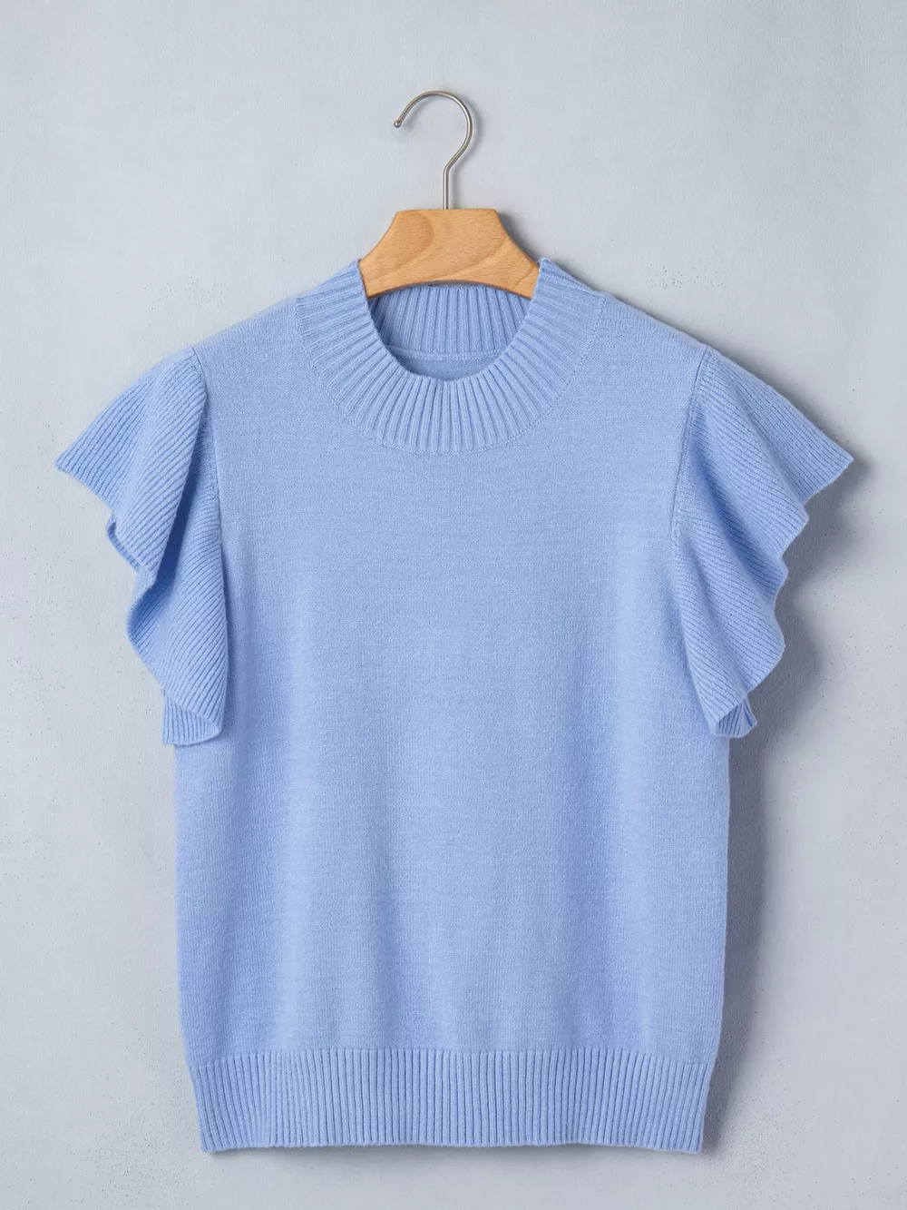 Solid Color Ribbed Trim Round Neck Ruffle Short Sleeve Sweater, image 6