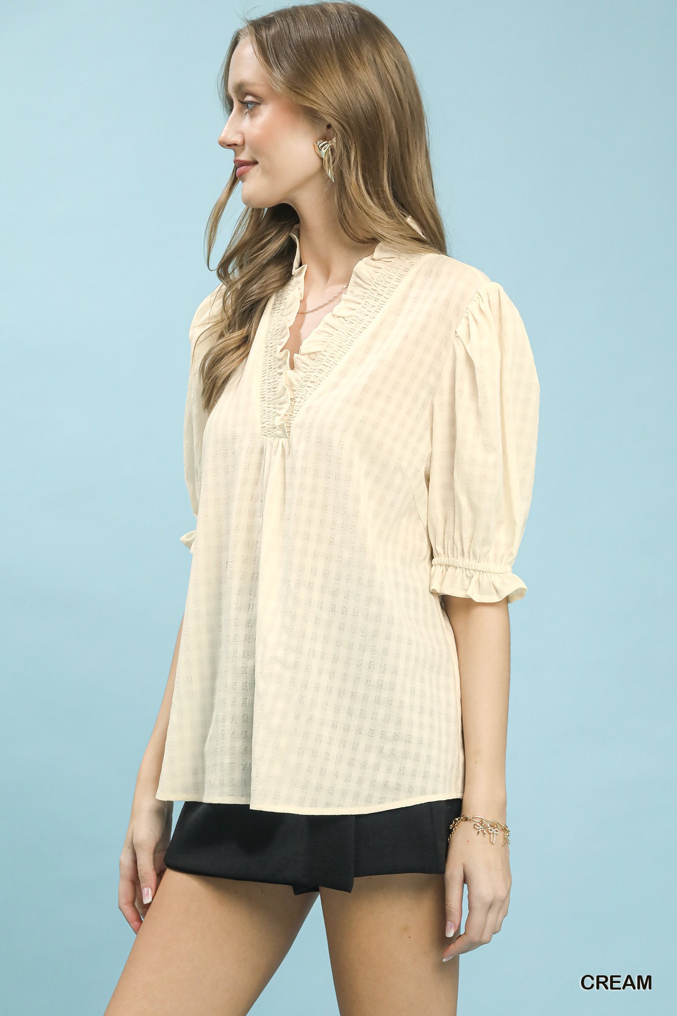Textured Check Ruffle V-Neck Blouse, image 2