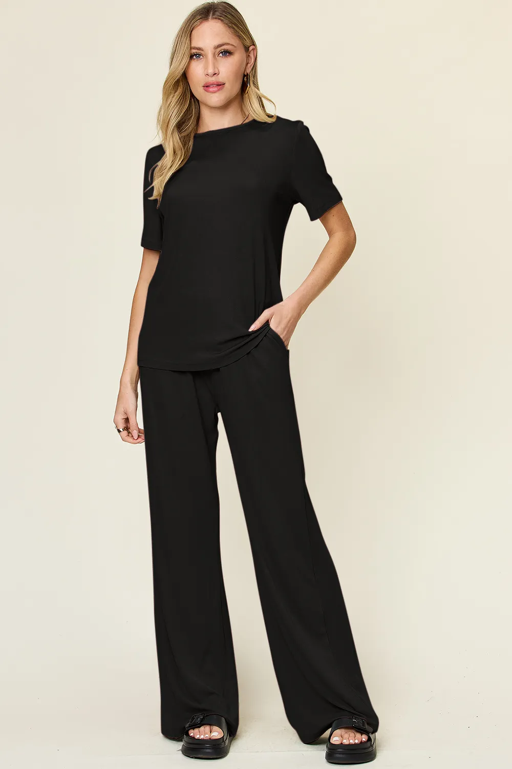 Full Size Round Neck Short Sleeve T-Shirt and Wide Leg Pants Set, image 15