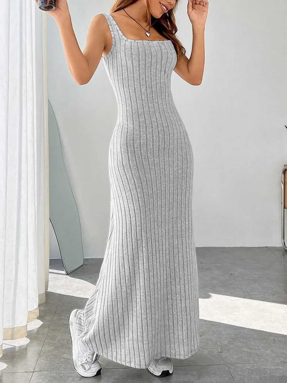 Ribbed Knit Square Neck Sleeveless Maxi Dress, image 10