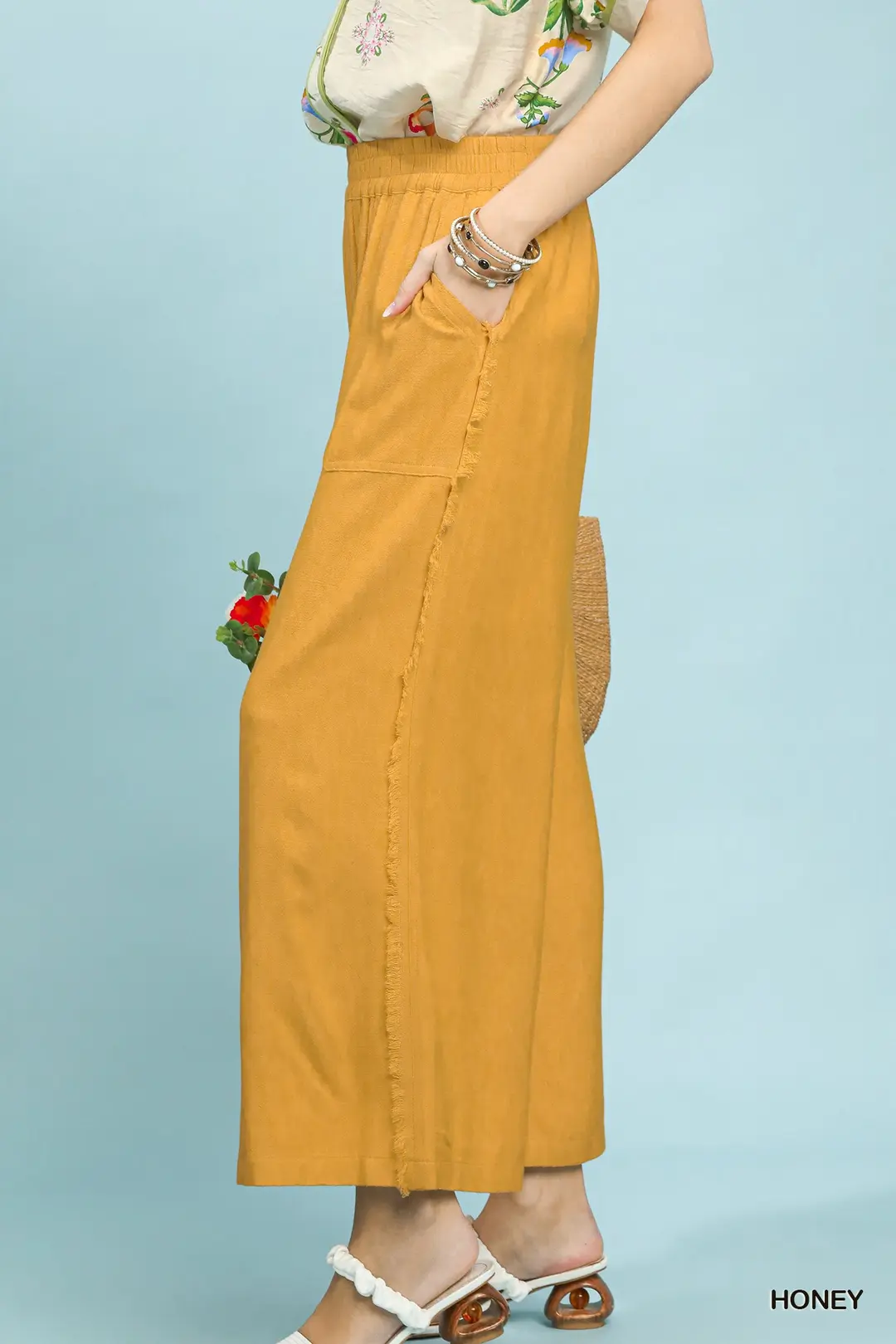 Linen Frayed Side Pocket Wide Leg Pants, image 3