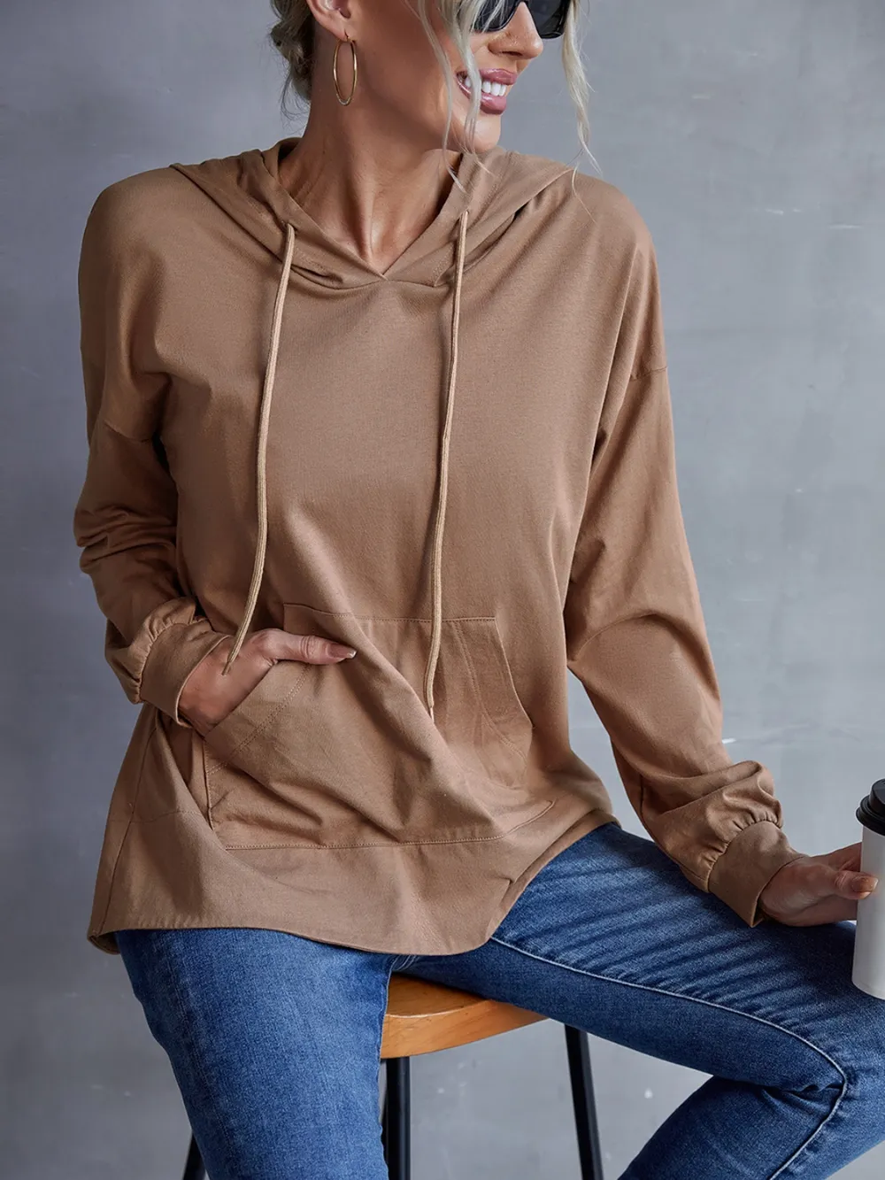 Drawstring Pocketed Dropped Shoulder Hoodie, image 11