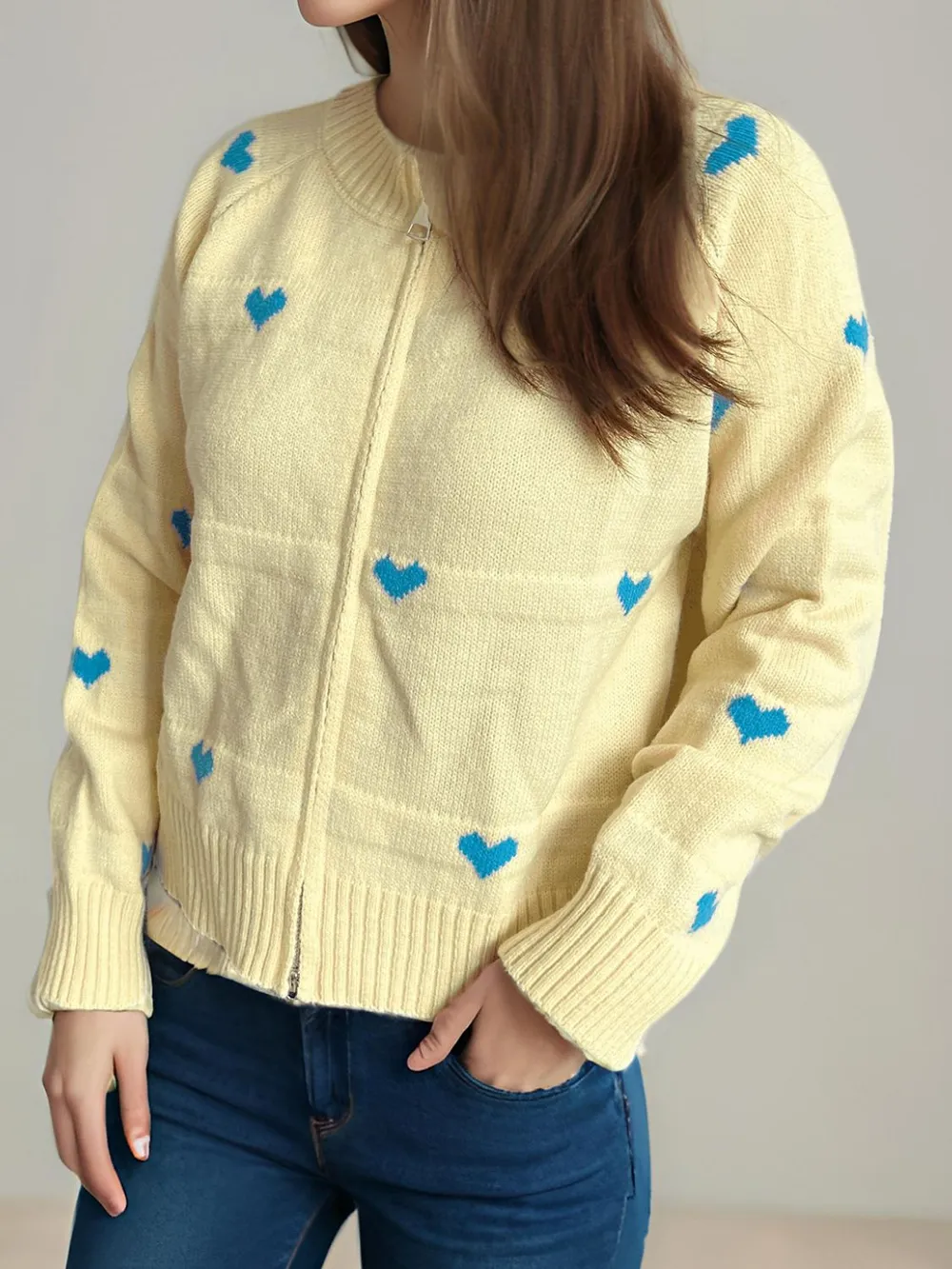 Heart Round Neck Zip Up Cardigan, image 24