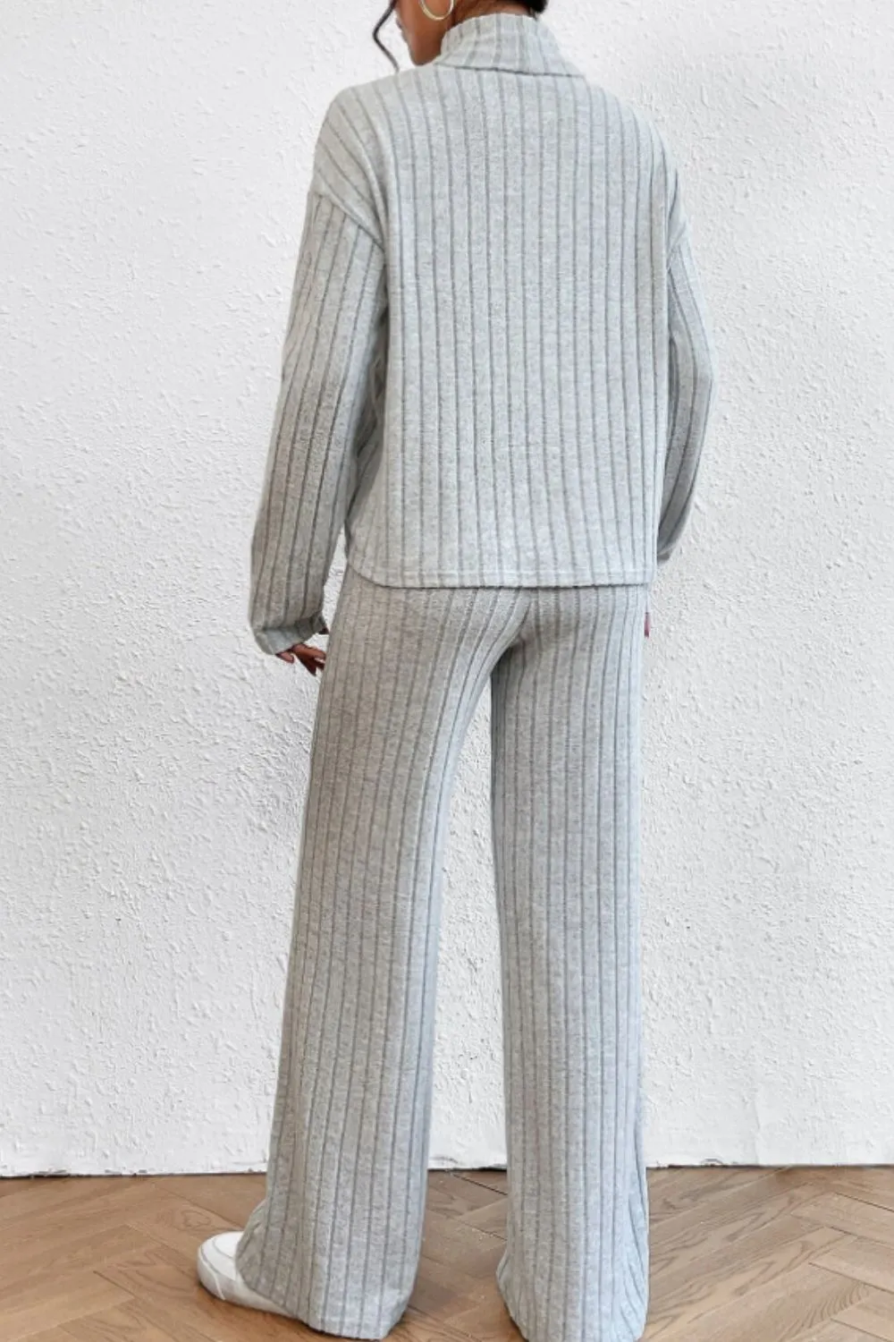 Mock Neck Dropped Shoulder Top and Pants Set, image 3