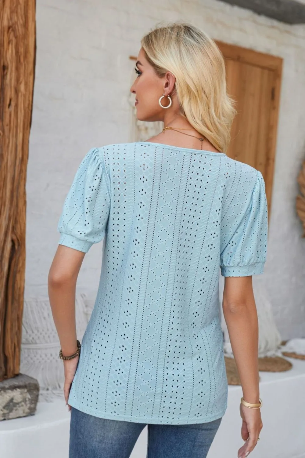 Eyelet Round Neck Short Sleeve Blouse, image 6