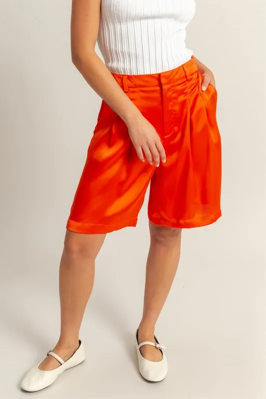 High-Waist Pleated Satin Shorts