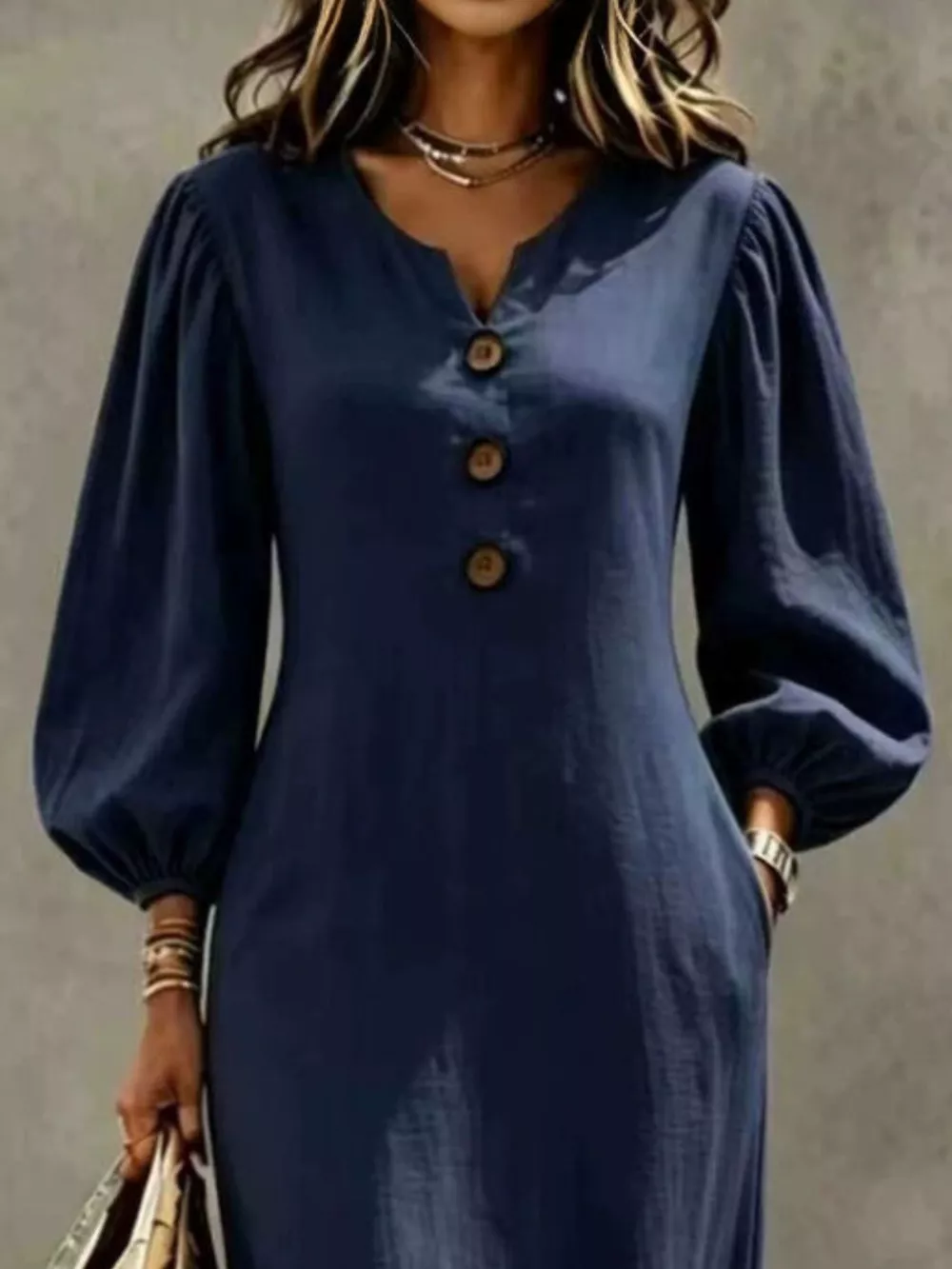 Decorative Button Balloon Sleeve Maxi Dress, image 8
