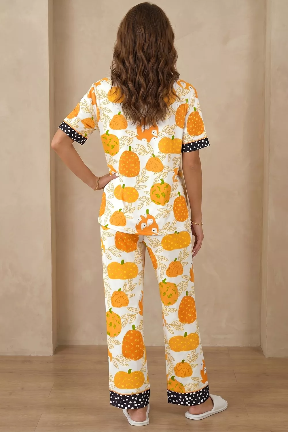 Short Sleeve Pumpkin Print Polka Dot Trim Pocket Placket Lounge Set, image 5