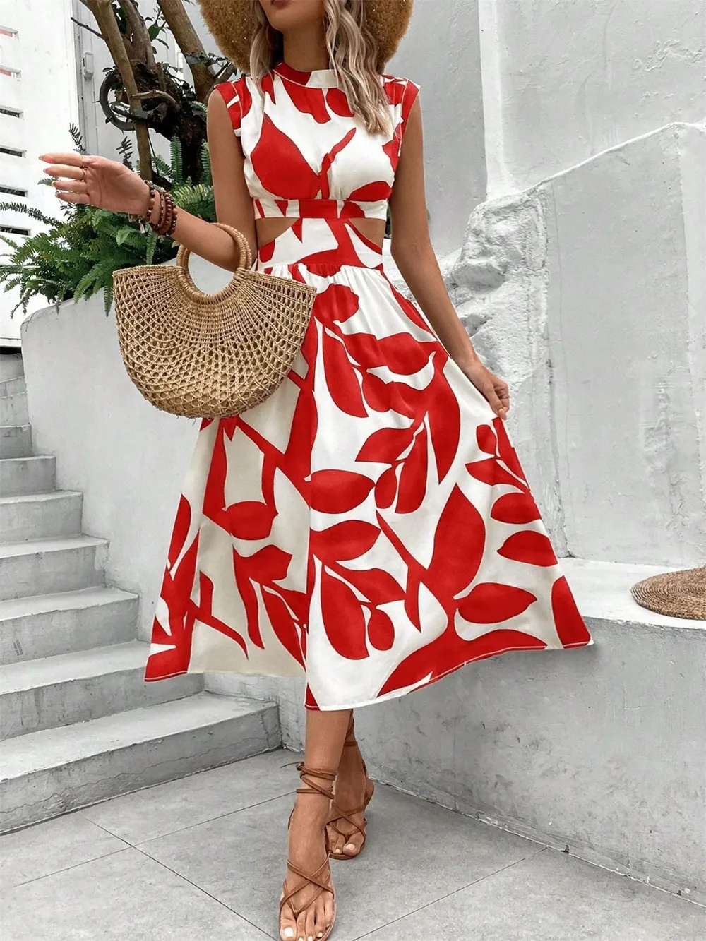 Cutout Printed Cap Sleeve Midi Dress, image 16