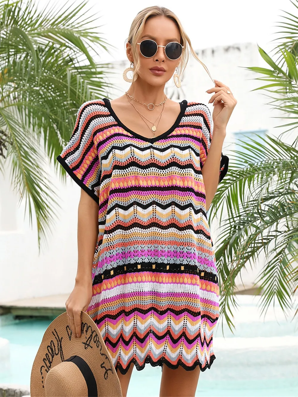 Rainbow Stripe Scalloped V-Neck Cover-Up Dress, image 5