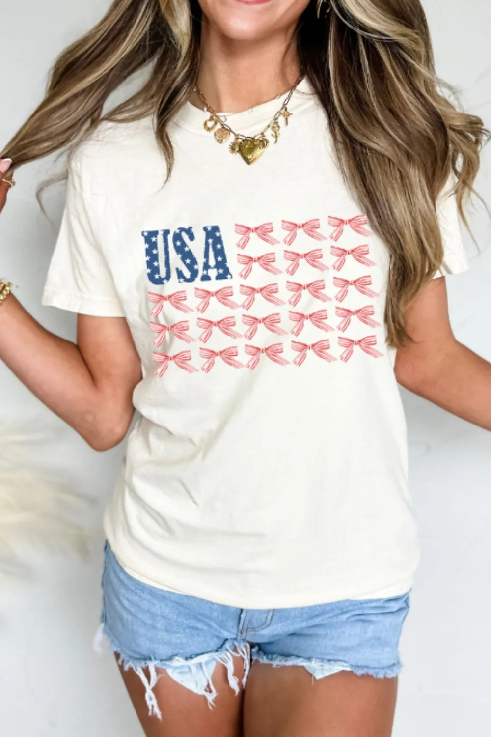USA Flag Bow Knot Print Round Neck T Shirt, image 4