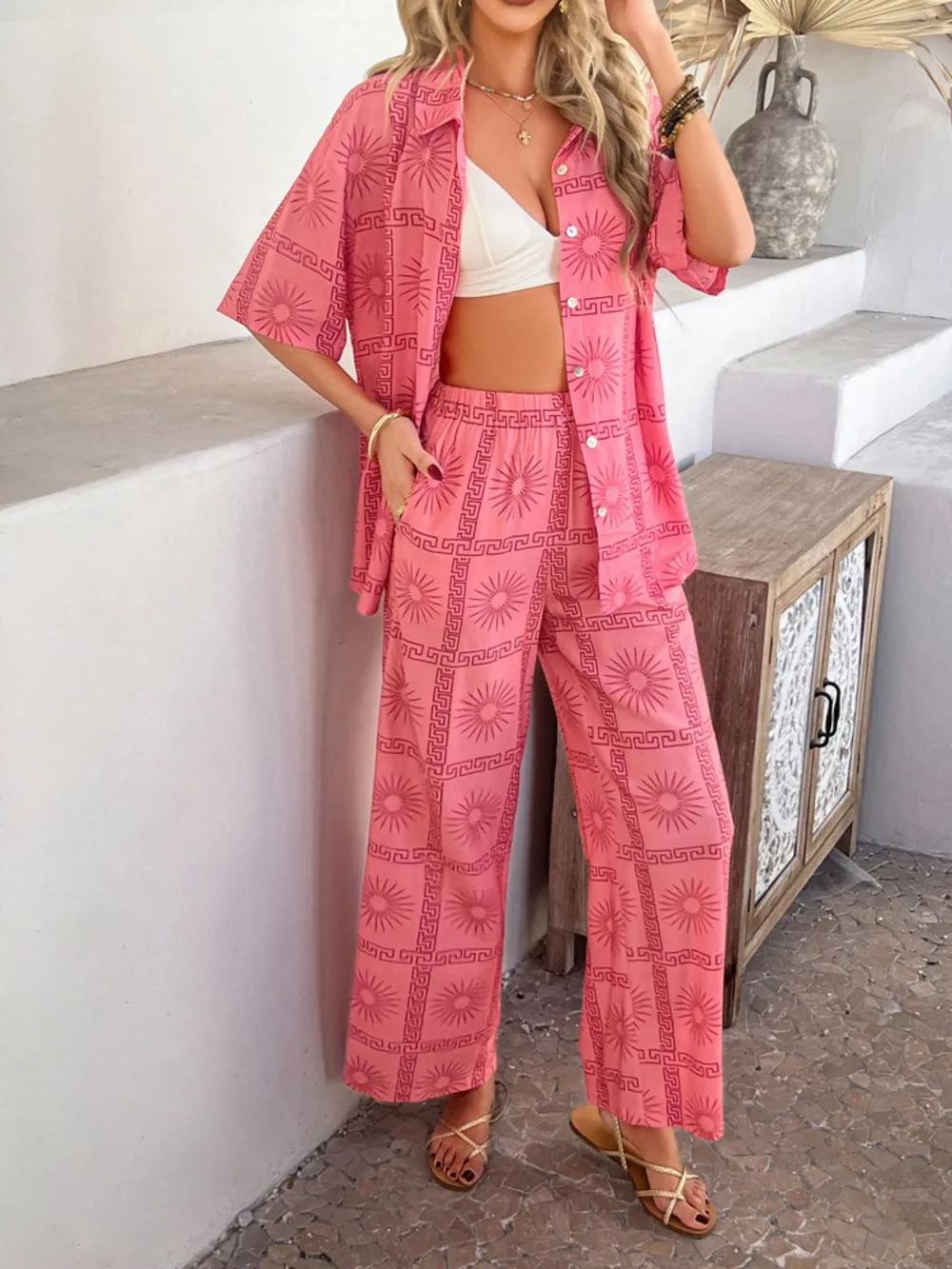 Printed Button Down Shirt and Pants Set, image 7