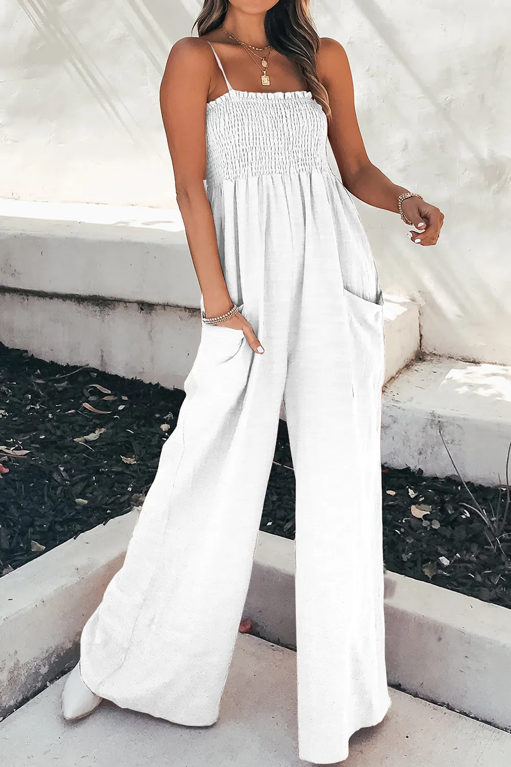 Smocked Spaghetti Strap Wide Leg Jumpsuit, image 5