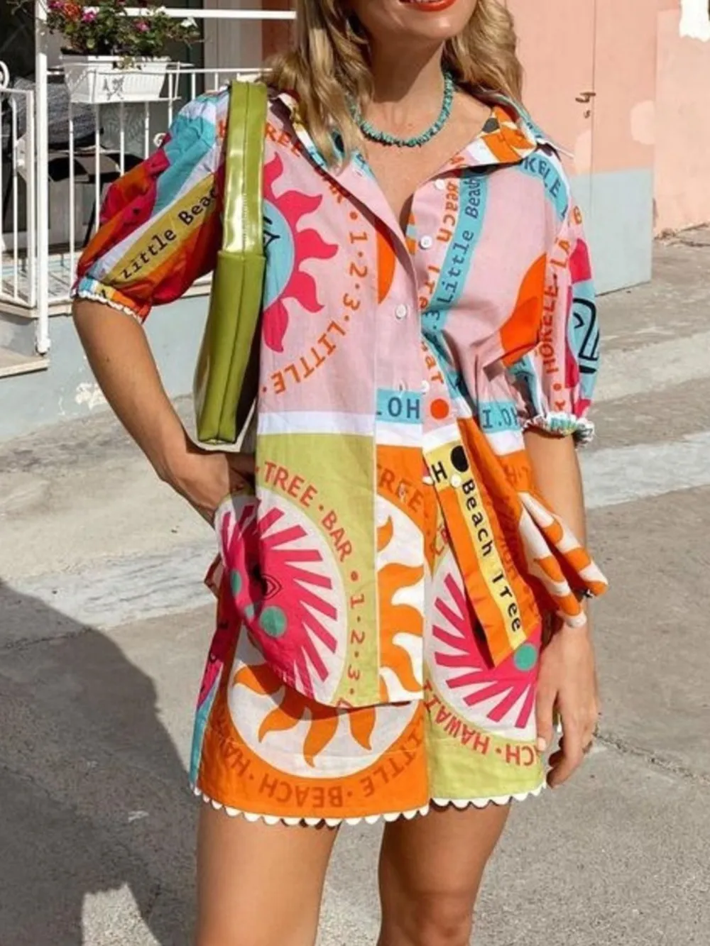 Printed Button Up Shirt and Shorts Set, image 2