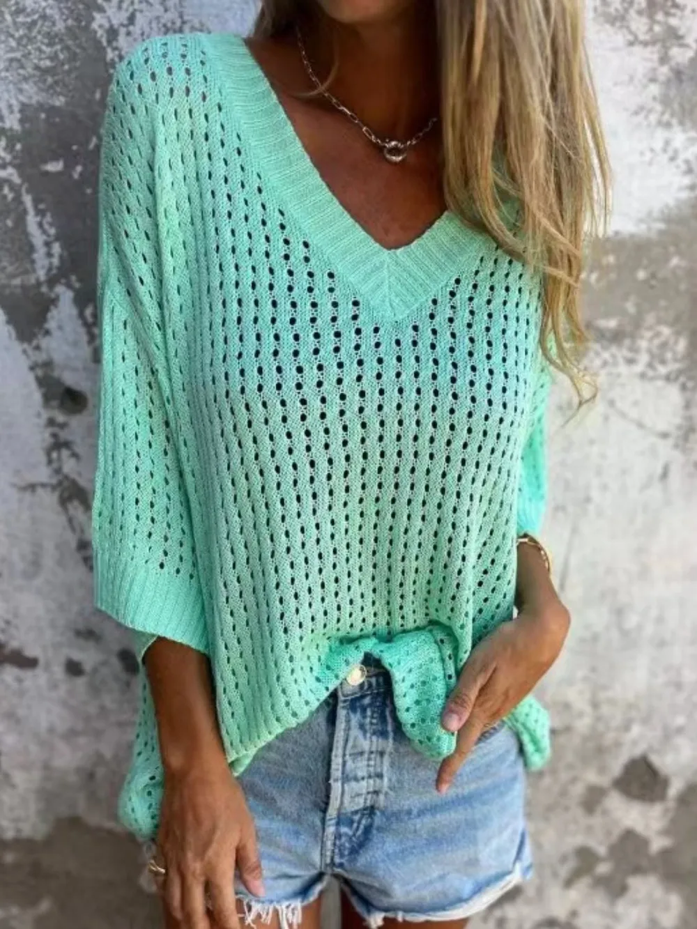 Full Size Openwork V-Neck Knit Cover Up Plus Size, image 6