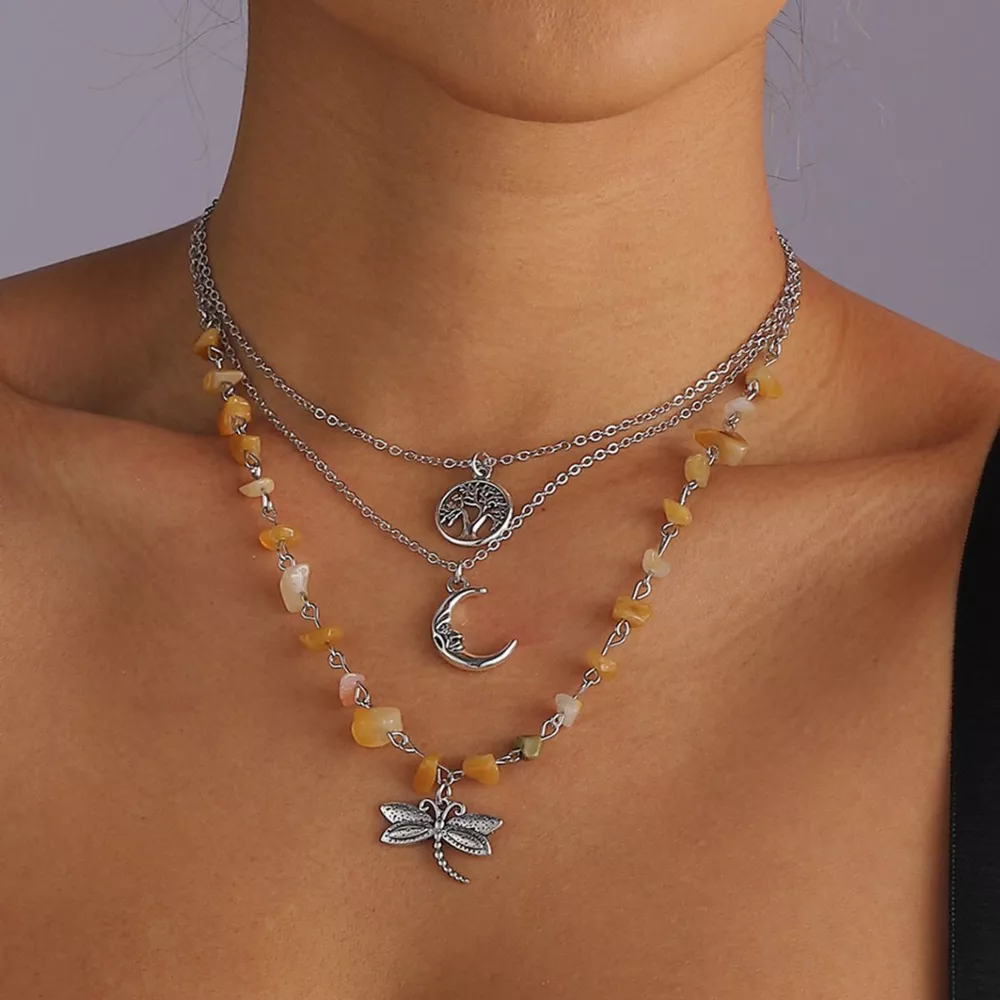 3-Piece Bohemian Layered Dragonfly Moon Tree Pendant Necklace, image 4