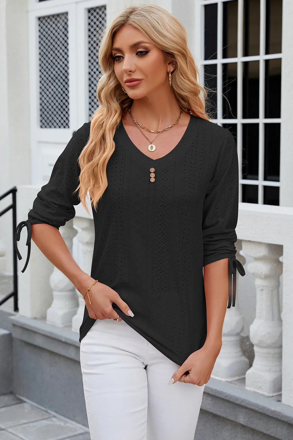 Eyelet Drawstring V-Neck Half Sleeve T-Shirt, image 6