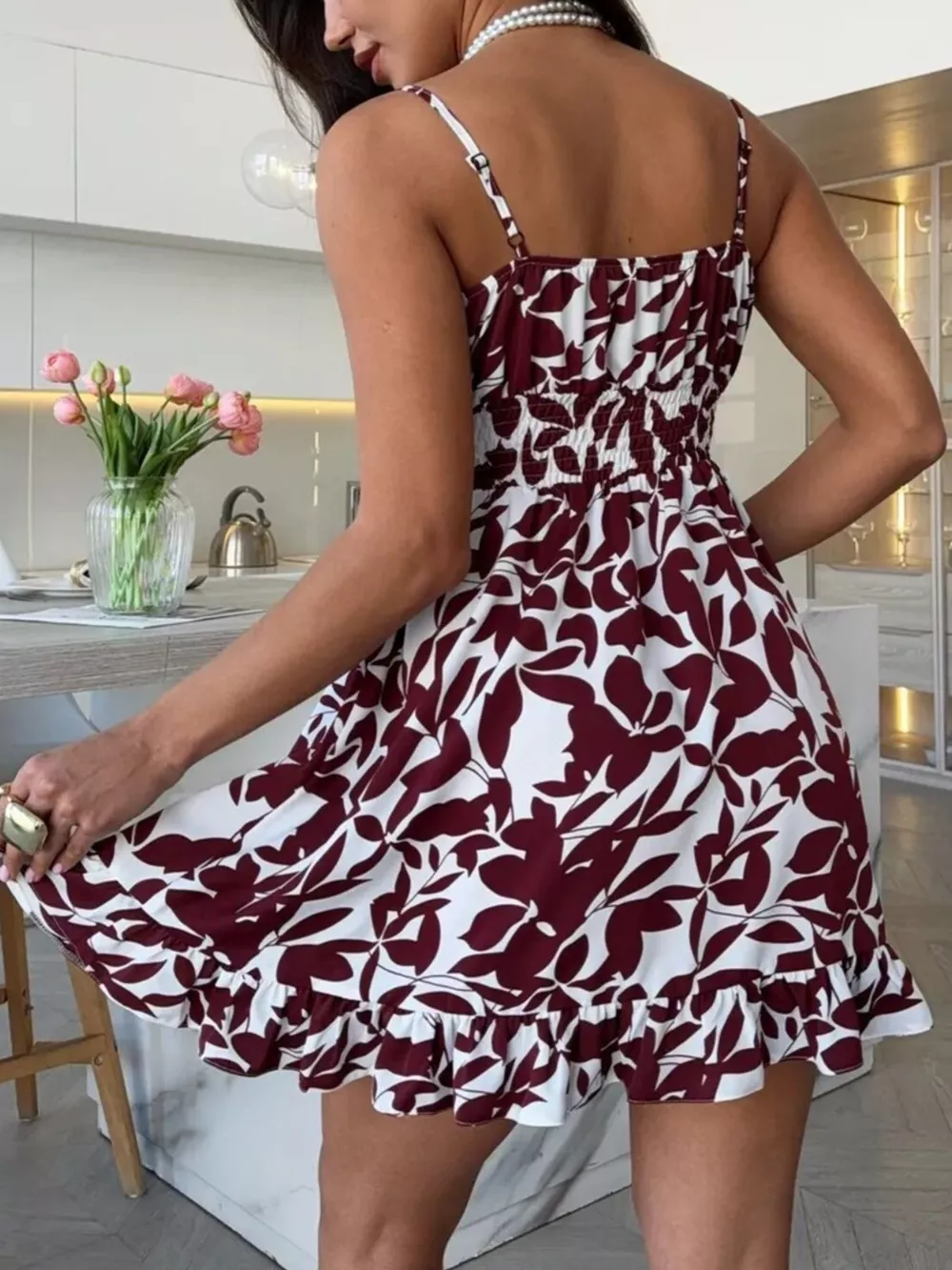 Spaghetti Strap Ruffle Hem Mini Dress with Abstract Print, image 10