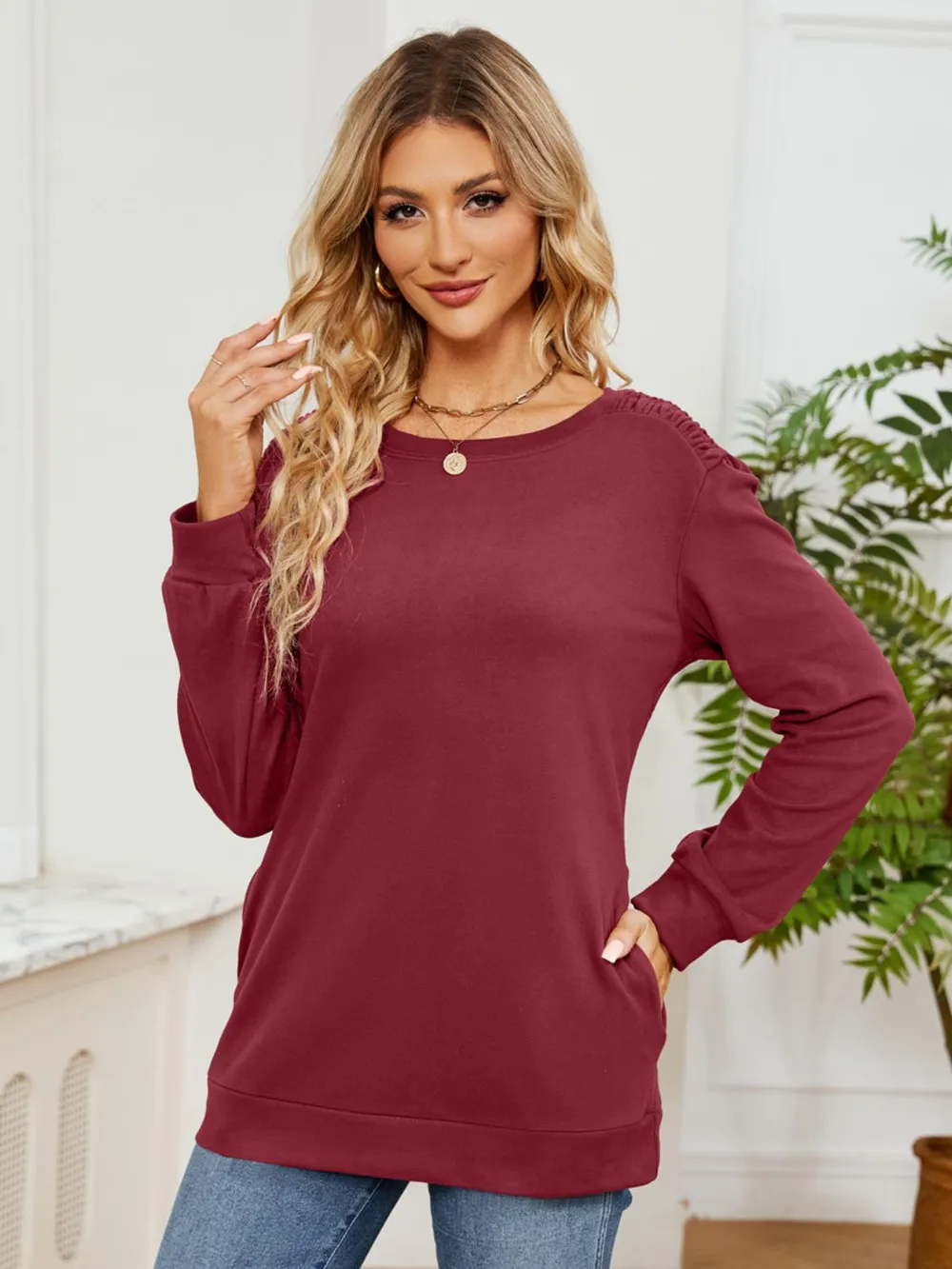 Ruched Shoulder Round Neck Long Sleeve Sweatshirt, image 4