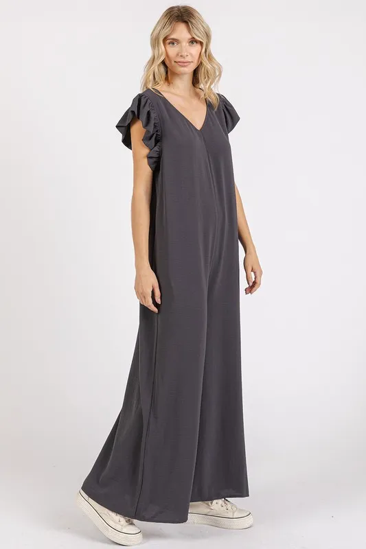 V-Neck Ruffled Cap Sleeve Wide Leg Jumpsuit, image 4