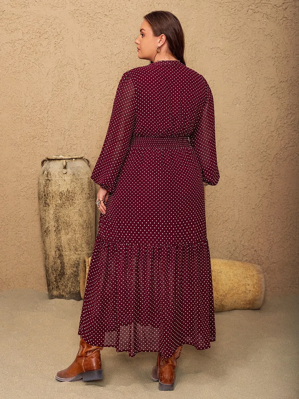 Plus Size Embroidered Polka Dot Tie Neck Long Sleeve Midi Dress, image 6