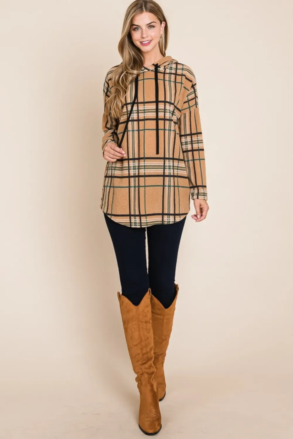 Drawstring Plaid Long Sleeve Hoodie, image 5
