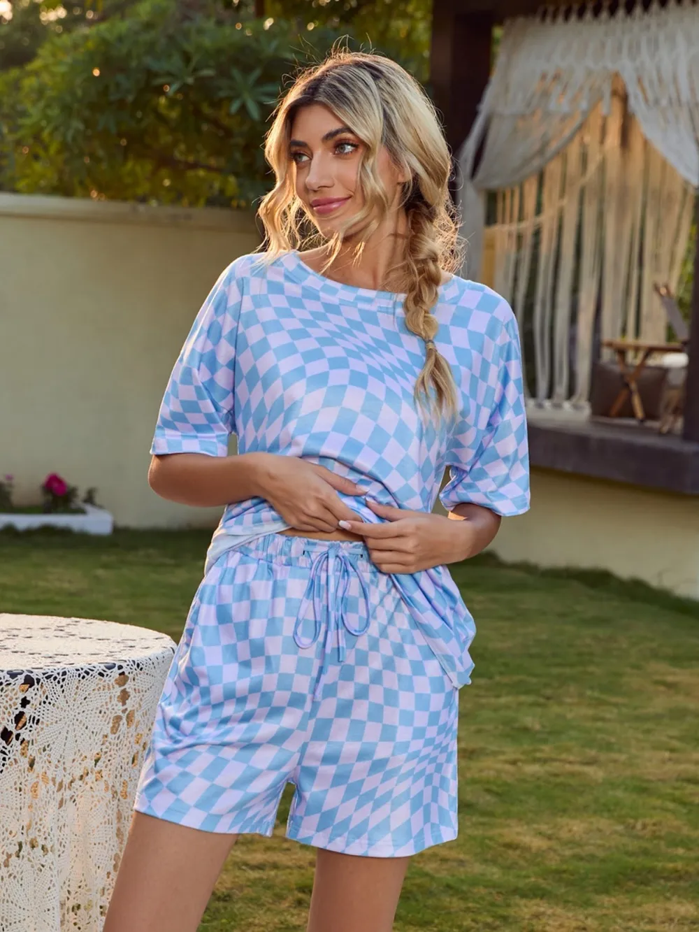 Plaid Round Neck Top and Shorts Lounge Set, image 5