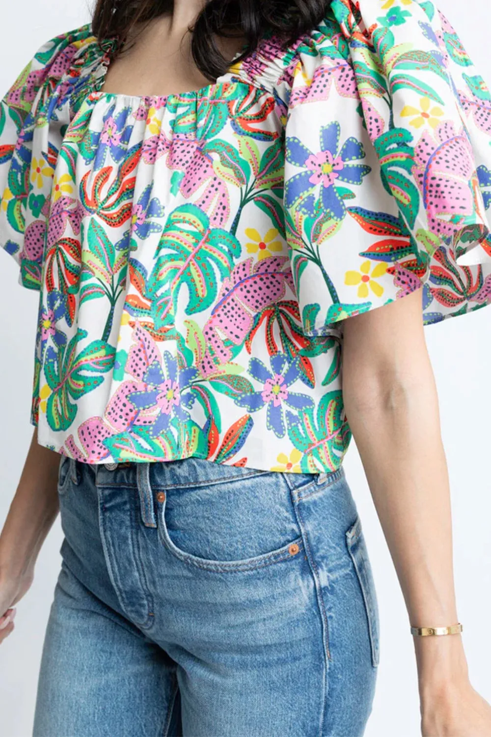 Plant Print Loose Fit Puff Sleeve Square Neck Blouse, image 2