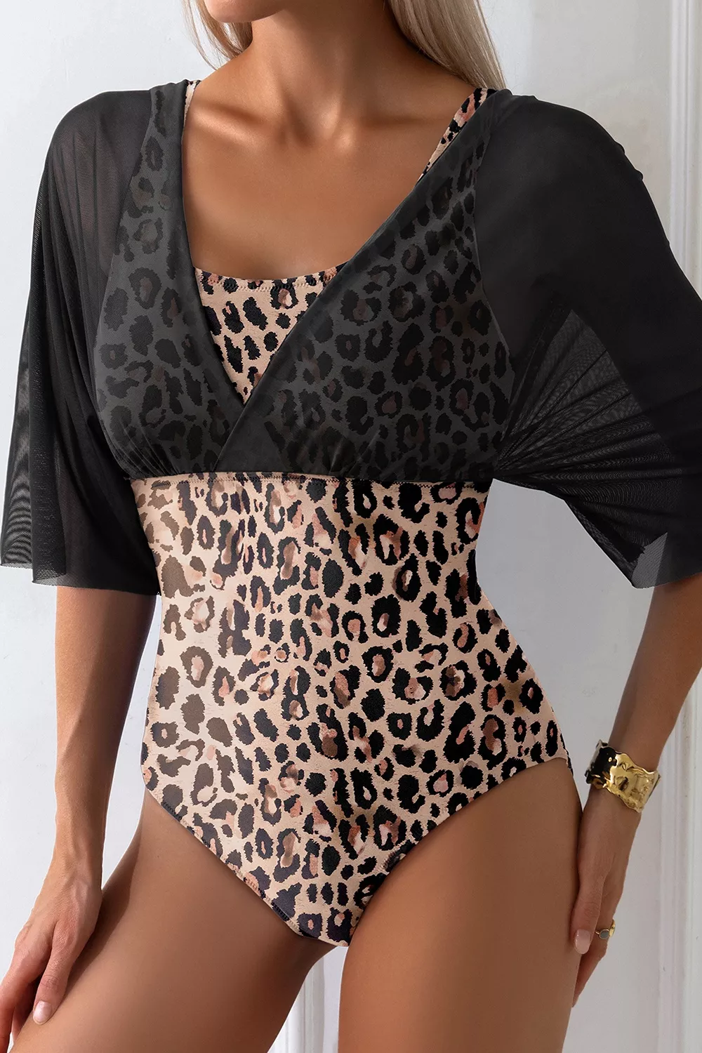 Mesh Patchwork V Neck Half Sleeve Bodycon One Piece Swimwear, image 2