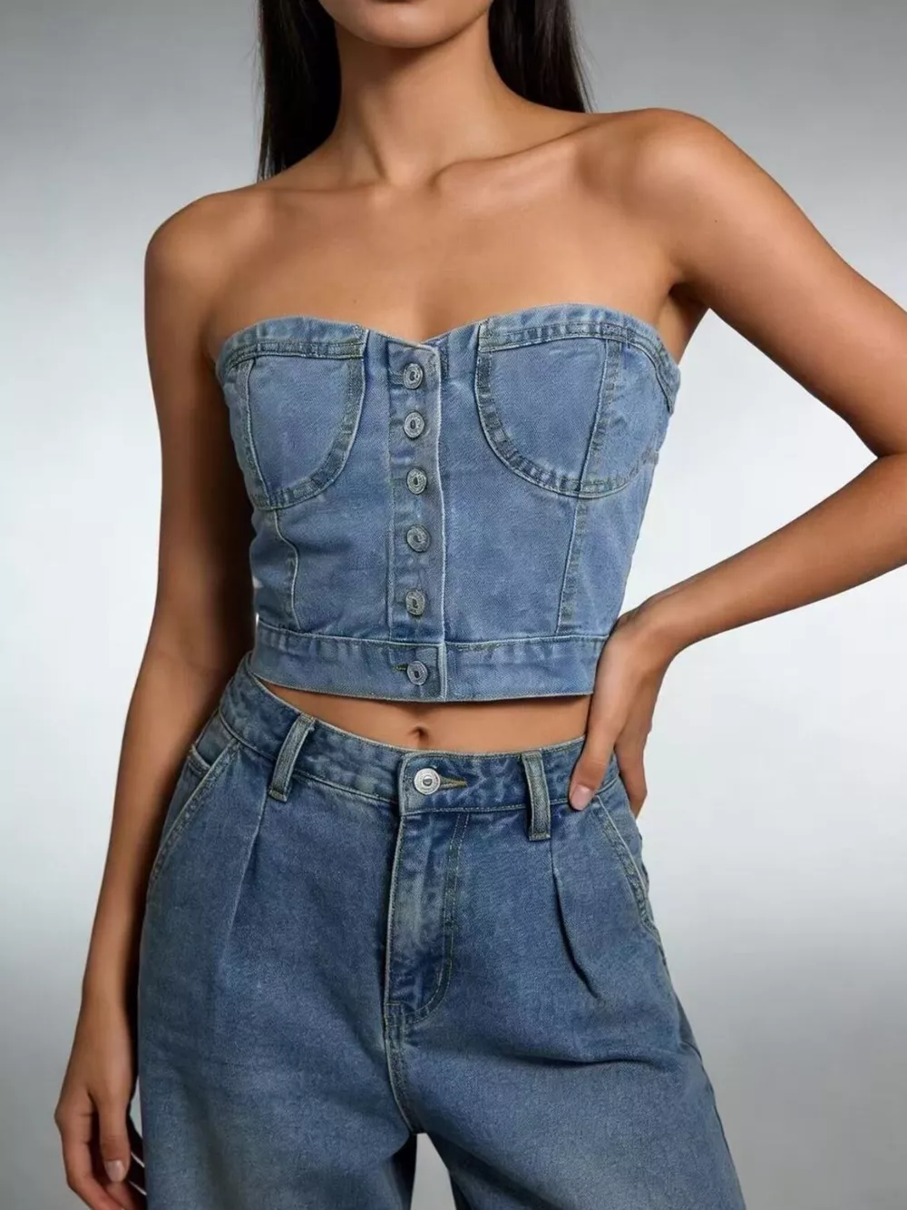 Button-Front Denim Tube Top, image 3